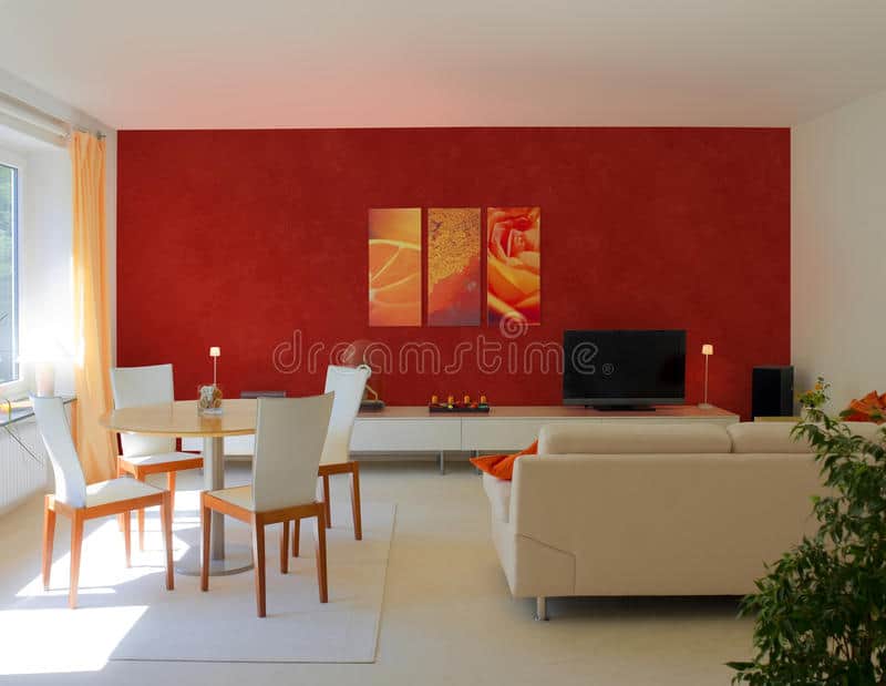 ruang tamu kontemporari dengan gambar dinding merah