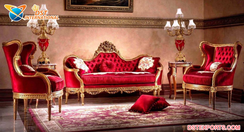set sofa ruang tamu baldu merah diraja